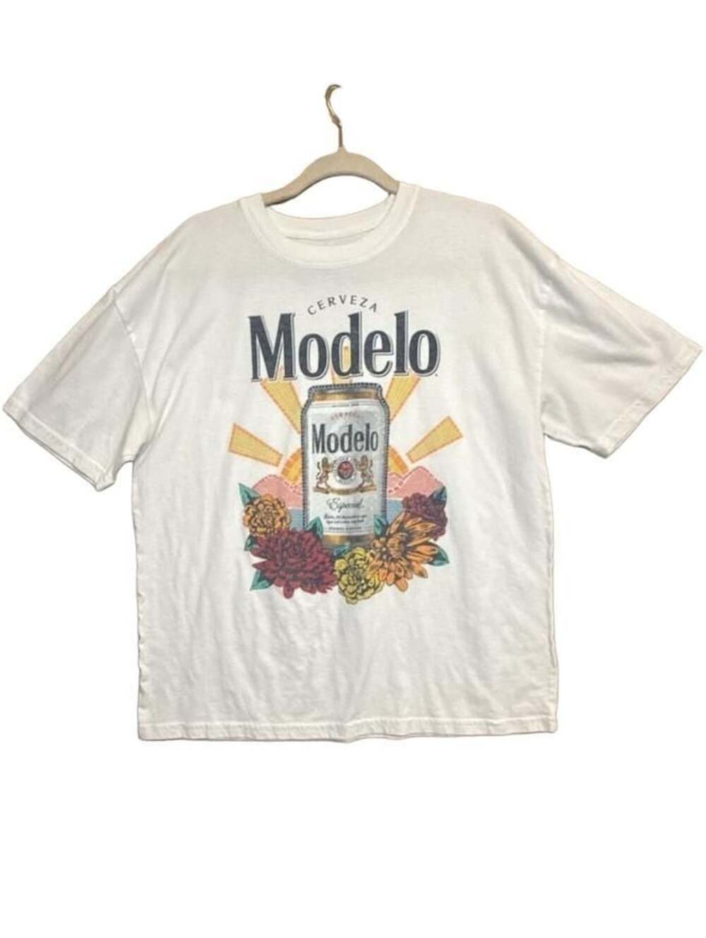 Modelo Graphic Tee Size M White Floral Cerveza Beer Can